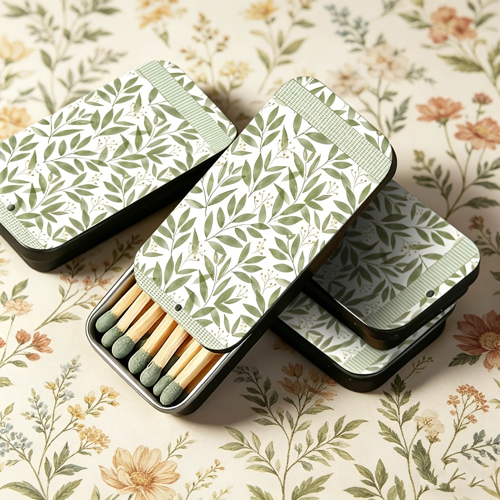 Candle Lighter - Groene bladmotief blikjes met decoratieve veiligheidsluciferdoosjes